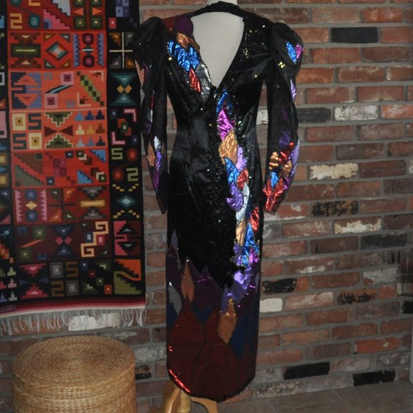 Vintage 80s Avant Garde, Black Gown, Metallic Lame Appliques & Sequin Dress M - Picture 4 of 4